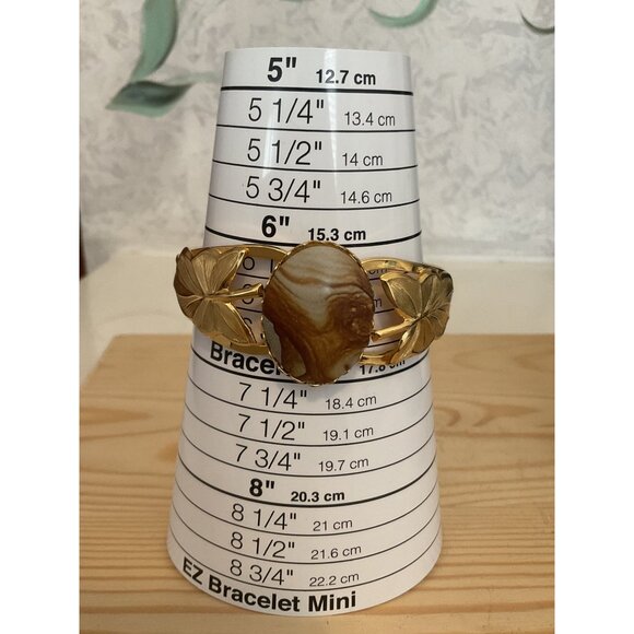 Gold-Tone Leaf & Faux Stone Inlay Hinged Bracelet With Secure Hinged Clasp - Picture 4 of 7